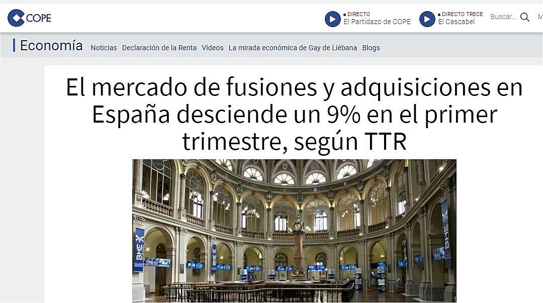 El mercado de fusiones y adquisiciones en Espaa desciende un 9% en el primer trimestre, segn TTR